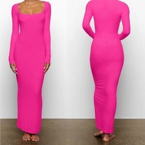 Skims Soft Lounge Long Sleeve Square Neck Maxi Dress in Hot Pink